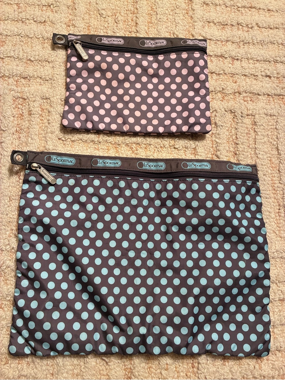 2 LeSportsac Polka Dot Pouch Set - Pink & Light Blue